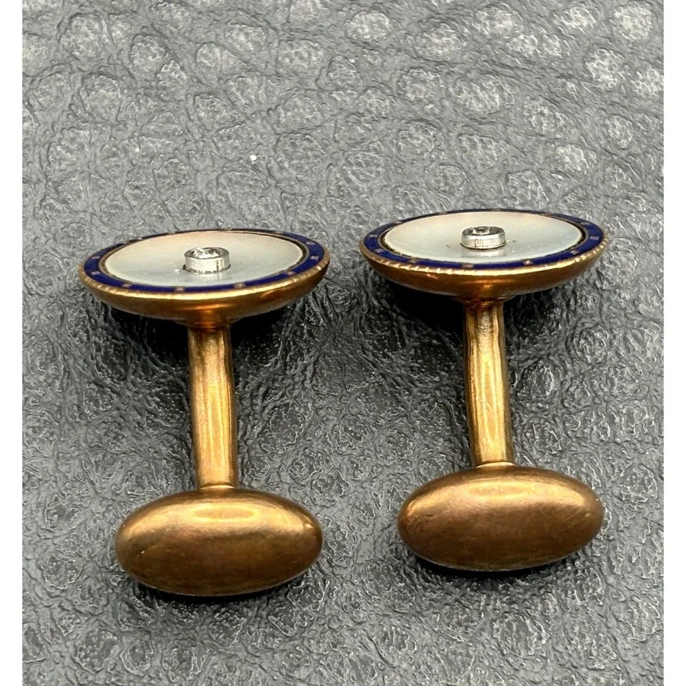 Carter & Howe 14K Gold Mother of Pearl Blue Enamel Diamond Cufflinks Art Deco